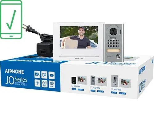 Aiphone JOS-1VW two-wire video intercom kit with 7-inch JO-1MDW touchscreen and JO-DV surface-mount door station; mobile app ready to view, talk, and unlock.