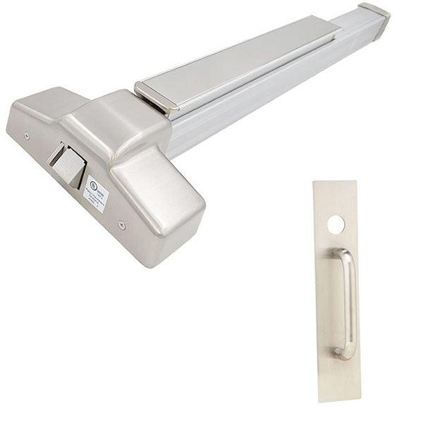 Heavy-duty Grade 1 crash bar 4 foot rim exit device with motorized latch retraction, night latch trim and Schlage cylinder in satin stainless steel